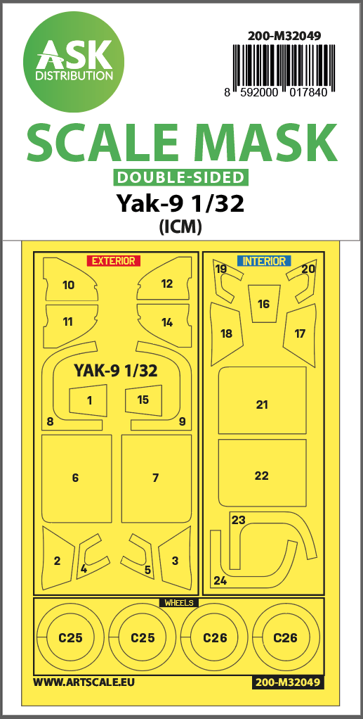Art Scale 200-M32049 1:32 Yakovlev Yak-9 wheels and canopy frame paint mask
