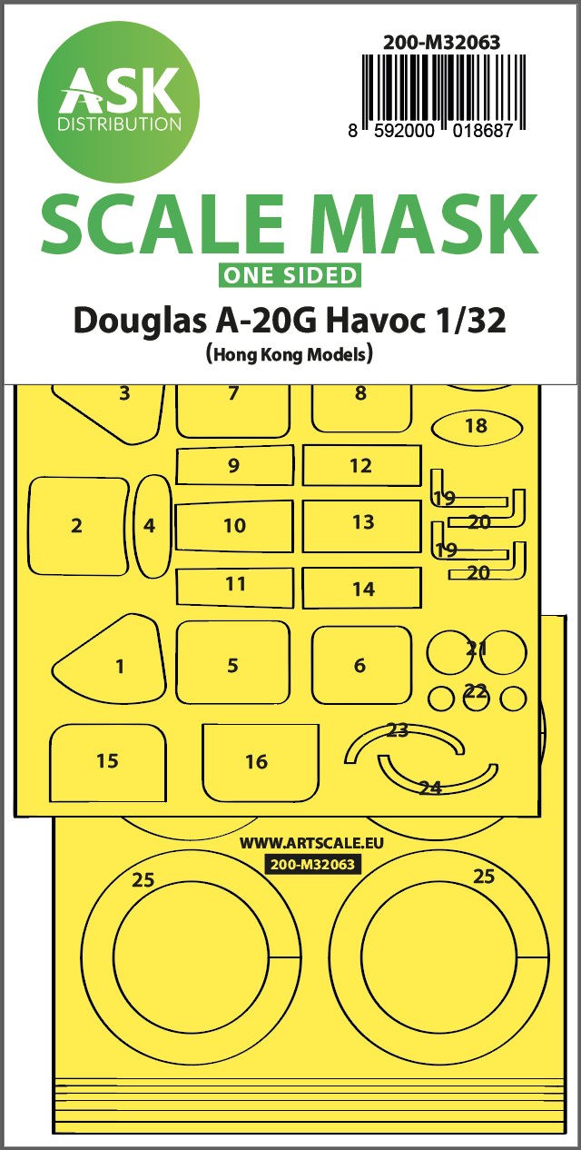 Art Scale 200-M32063 1:32 Douglas A-20G Havoc wheels & canopy frame paint masks