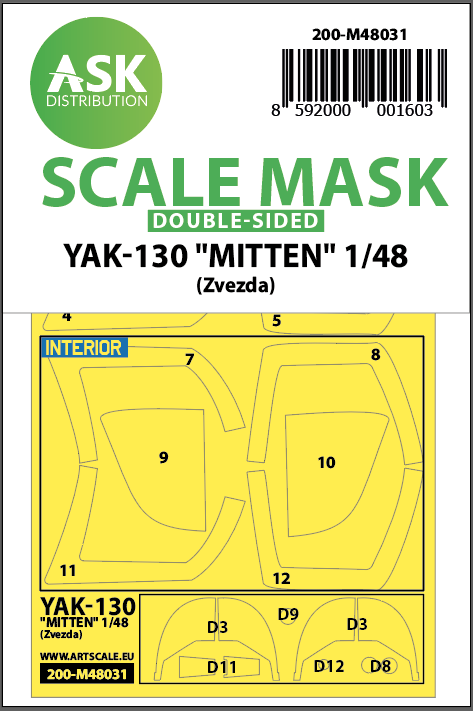 Art Scale 200-M48031 1:48 Yakovlev Yak-130 "Mitten" canopy frame paint masks