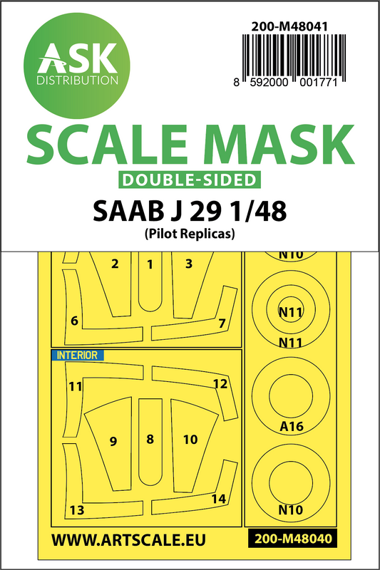 Art Scale 200-M48041 1:48 Saab J-29B 'Tunnan' wheels & canopy frame paint masks