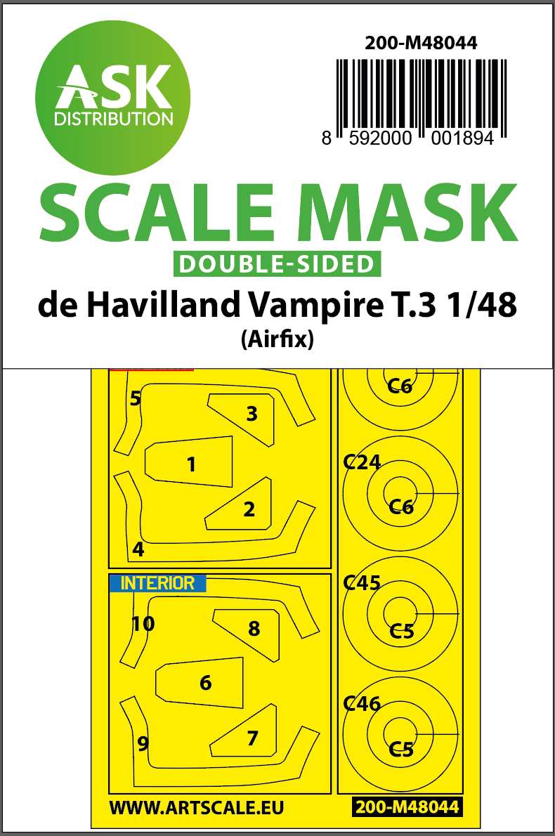 Art Scale 200-M48044 1:48 de Havilland Vampire T.3 Wheel & Canopy Paint Masks