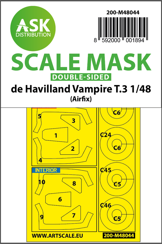 Art Scale 200-M48044 1:48 de Havilland Vampire T.3 Wheel & Canopy Paint Masks