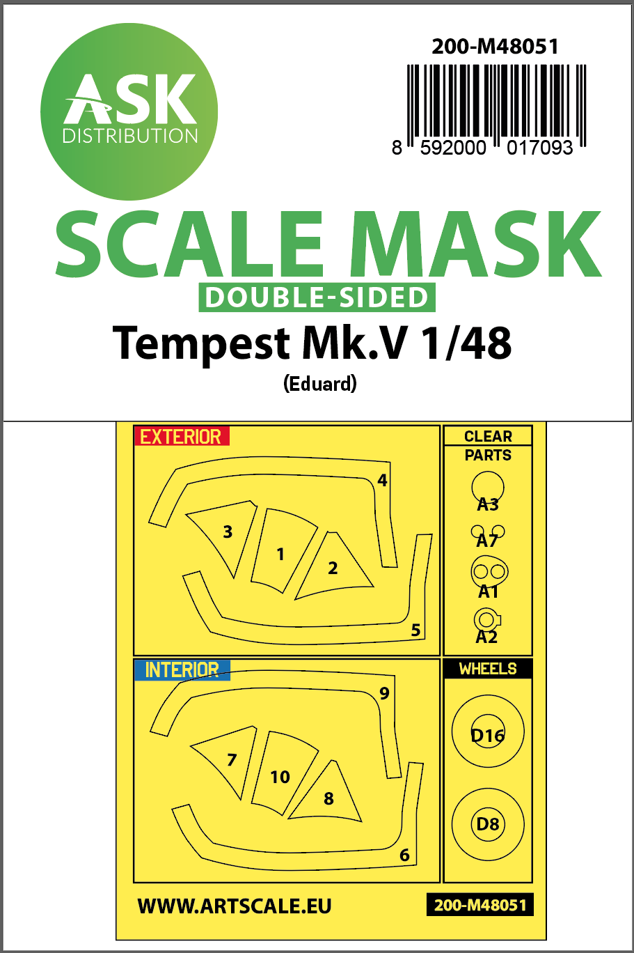 Art Scale 200-M48051 1:48 Hawker Tempest Mk.V wheels & canopy frame paint masks