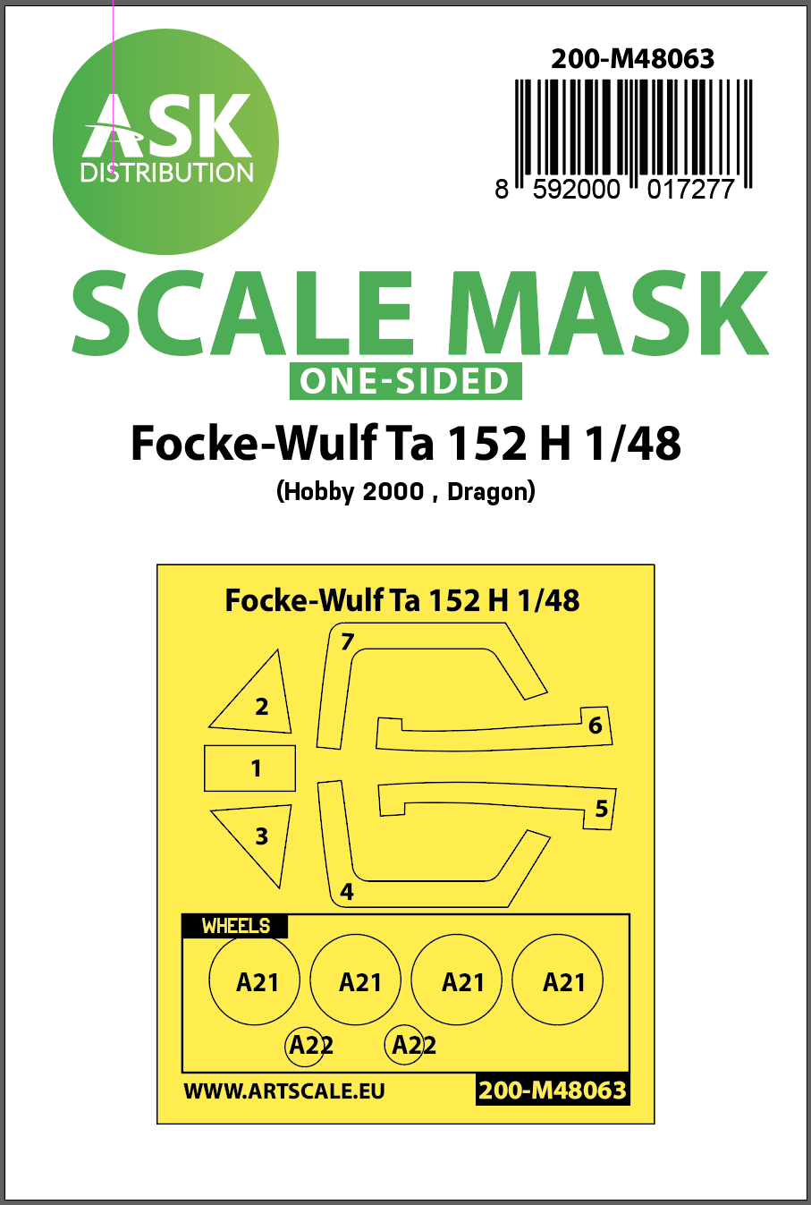 Art Scale 200-M48063 1:48 Focke-Wulf Ta-152H wheels and canopy frame paint mask