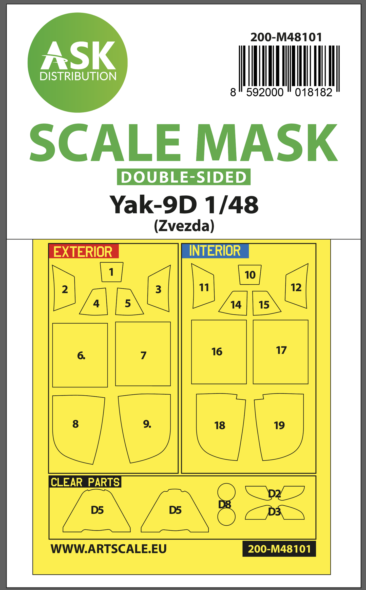 Art Scale 200-M48101 1:48 Yakovlev Yak-9D canopy frame paint masks