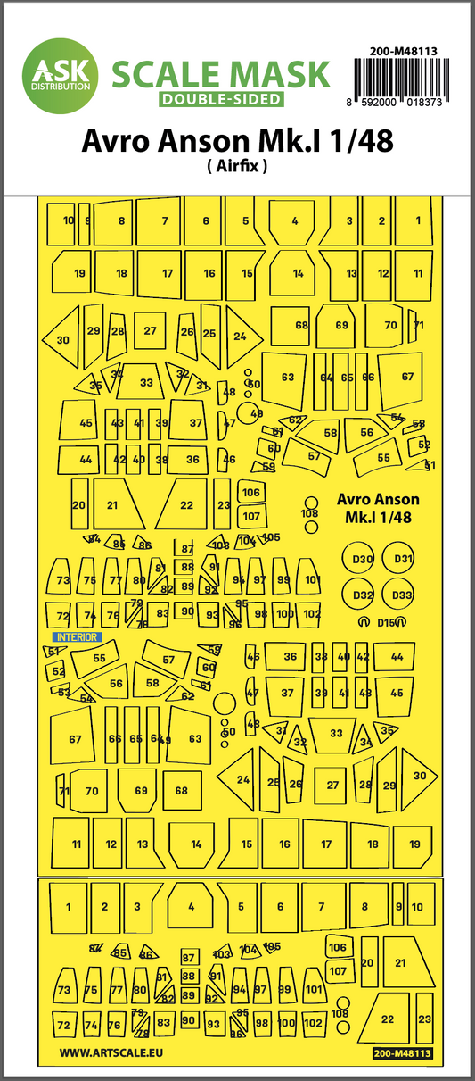 Art Scale 200-M48113 1:48 Avro Anson Mk.I wheels and canopy frame paint masks
