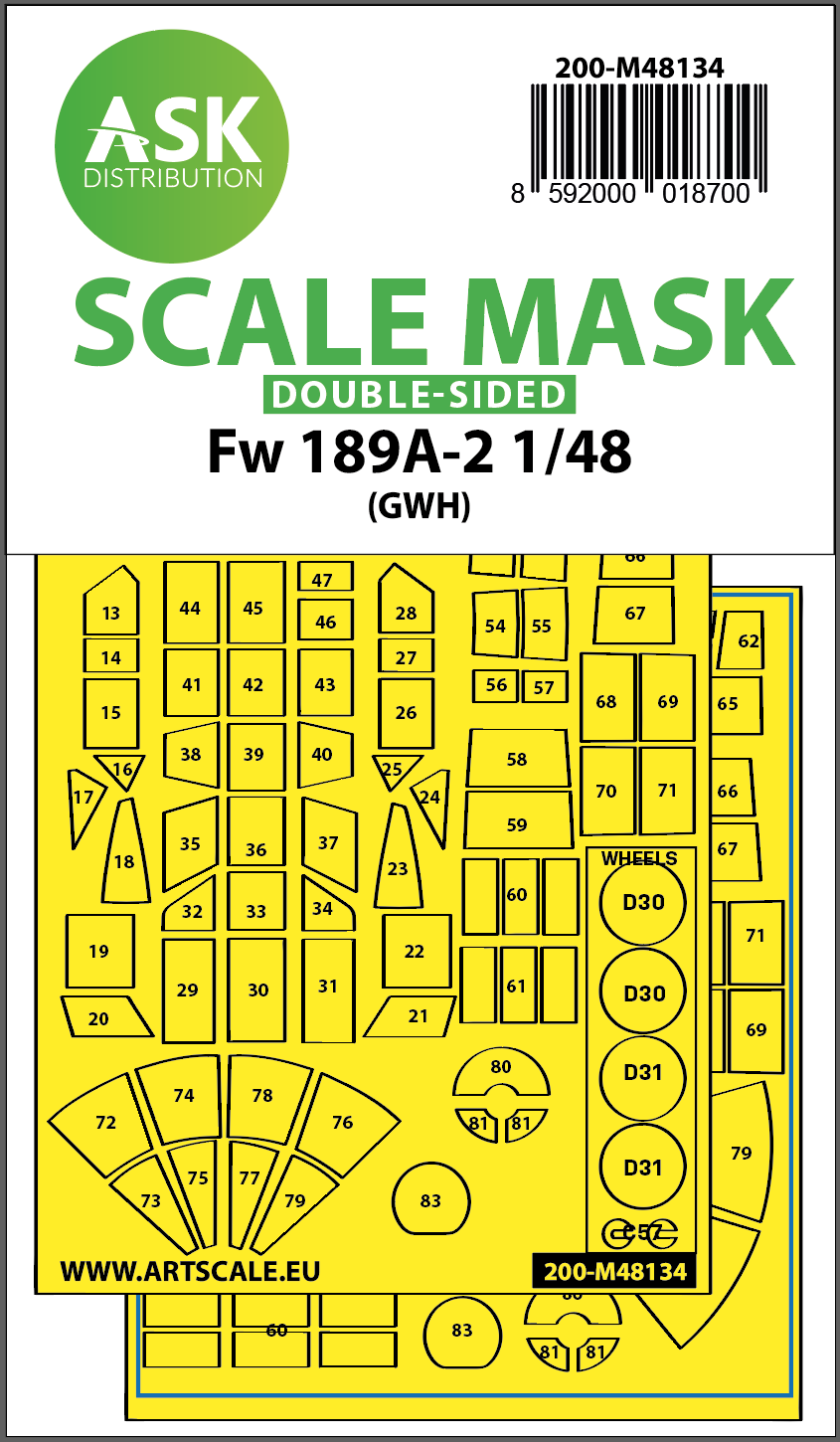 Art Scale 200-M48134 1:48 Focke-Wulf Fw-189A-2 wheels & canopy frame paint mask