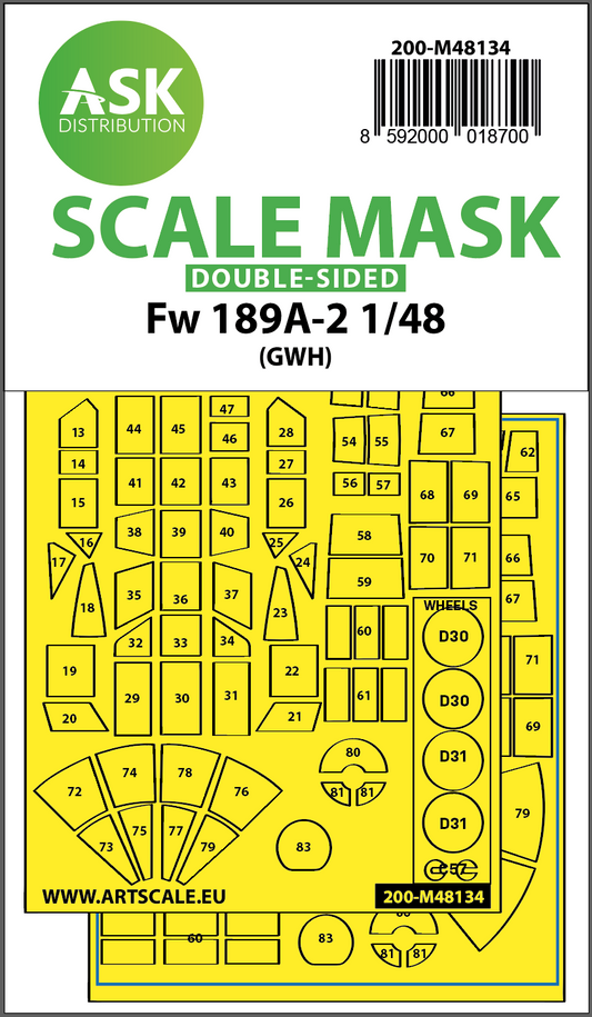 Art Scale 200-M48134 1:48 Focke-Wulf Fw-189A-2 wheels & canopy frame paint mask