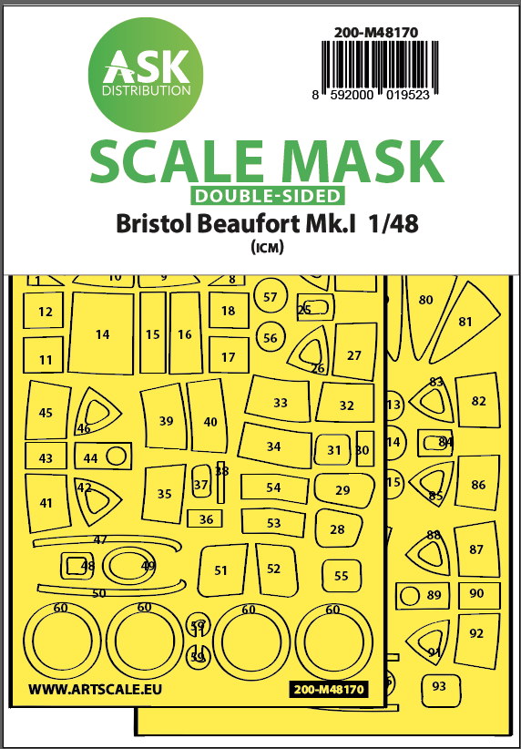 Art Scale 200-M48170 1:48 Bristol Beaufort Mk.I wheels & canopy frame paint mask