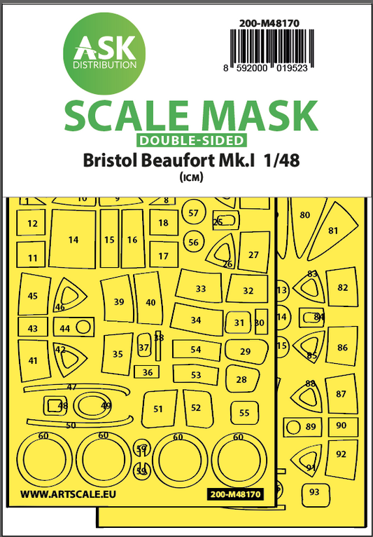Art Scale 200-M48170 1:48 Bristol Beaufort Mk.I wheels & canopy frame paint mask