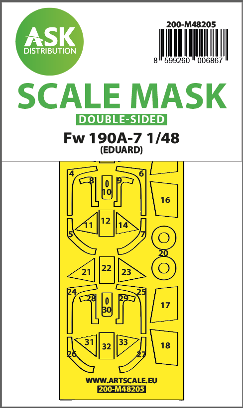 Art Scale 200-M48205 1:48 Focke-Wulf Fw-190A-7 wheels & canopy frame paint mask