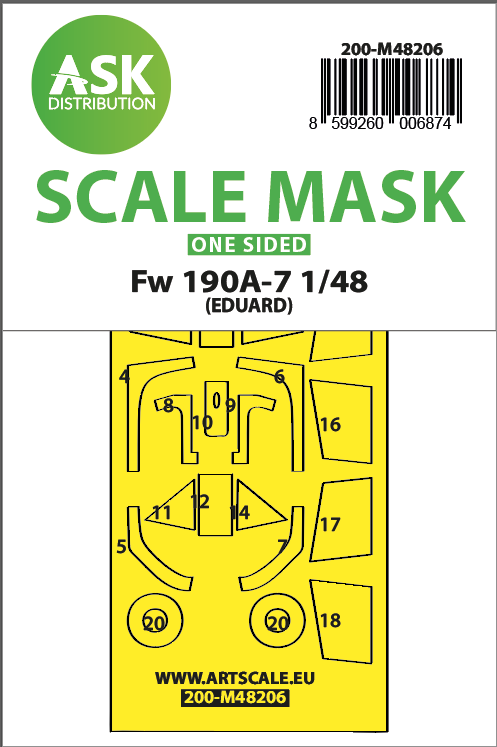Art Scale 200-M48206 1:48 Focke-Wulf Fw-190A-7 wheels & canopy frame paint mask