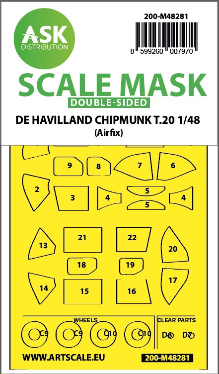 Art Scale 200-M48281 1:48 de Havilland Chipmunk T.20 Wheel & Canopy Mask