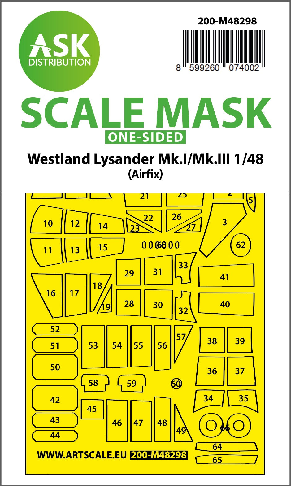 Art Scale 200-M48298 1:48 Lysander Mk.I/III Painting Mask for Airfix