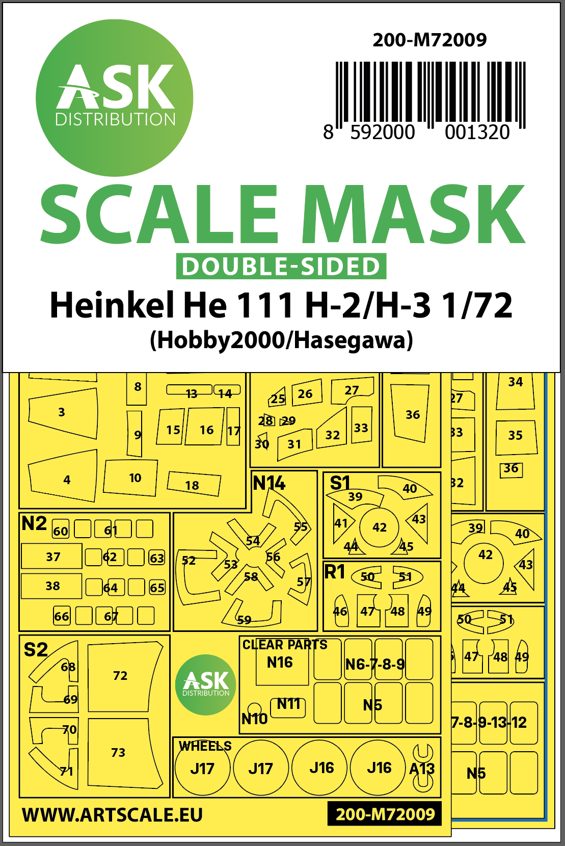 Art Scale 200-M72009 1:72 Heinkel He-111H-2/H-3 Wheel & Canopy Masks