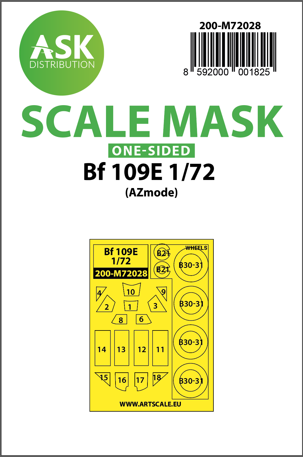 Art Scale 200-M72028 1:72 Messerschmitt Bf-109E wheels & canopy frame paint mask