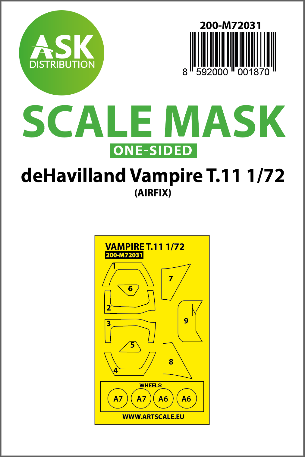 Art Scale 200-M72031 1:72 Vampire T.11/J-28C Wheel & Canopy Paint Masks