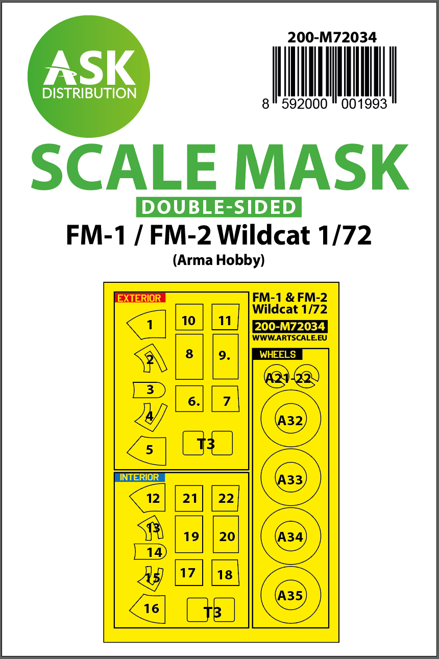 Art Scale 200-M72034 1:72 Grumman Wildcat wheels and canopy frame paint mask