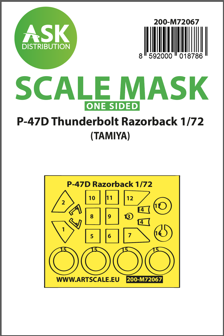 Art Scale 200-M72067 1:72 P-47D Thunderbolt Razorback Wheel & Canopy Masks