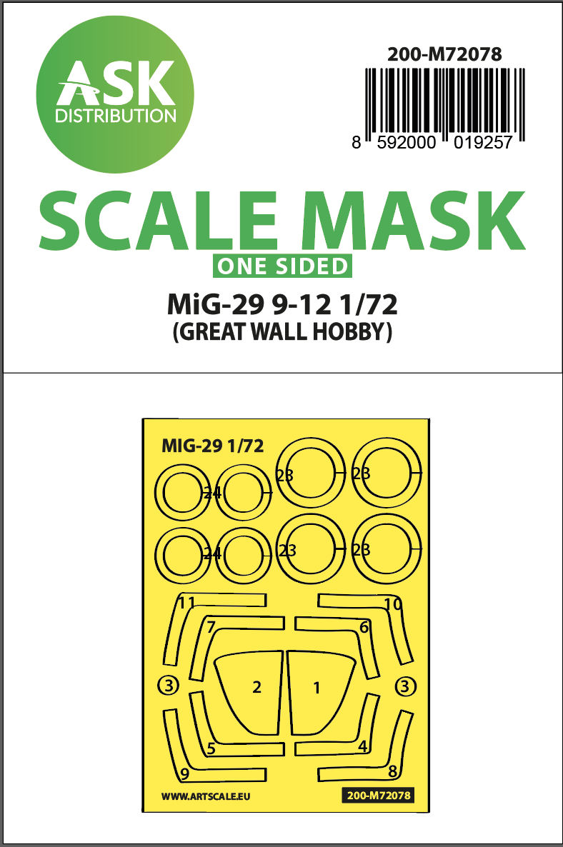 Art Scale 200-M72078 1:72 Mikoyan MiG-29 9-12 wheels & canopy frame paint masks
