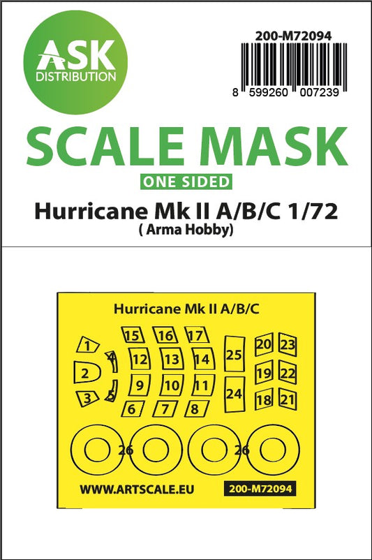 Art Scale 200-M72094 1:72 Hurricane Mk.IIA/B/C Wheel & Canopy Paint Masks