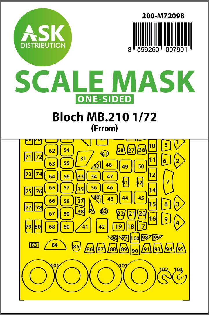Art Scale 200-M72098 1:72 Bloch MB.210 wheels and canopy frame paint masks