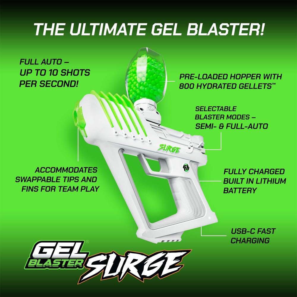 Gel Blaster Surge - 10,000 Gellets & Safety Glasses 100ft+ Range, Semi/Automatic