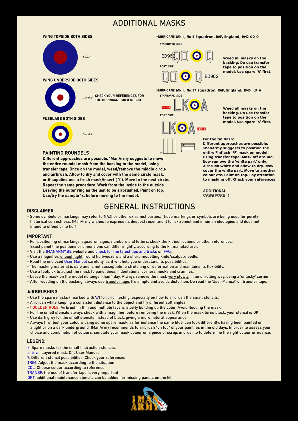 1ManArmy 24DET010 1:24 Hawker Hurricane Mk.IIC high definition airbrush masks