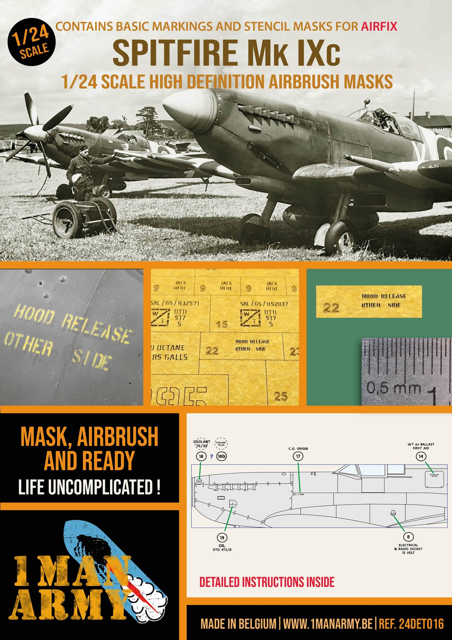 1ManArmy 24DET016 1:24 Spitfire Mk.IXc high definition airbrush masks