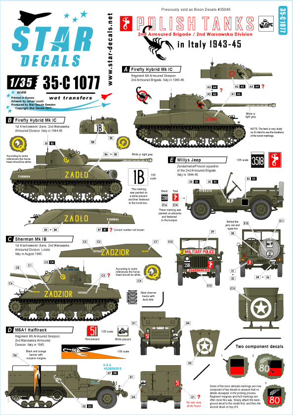 Star Decals 35-C1077 1:35 Firefly, Stuart, Halftrack, Willys Jeep, Staghound