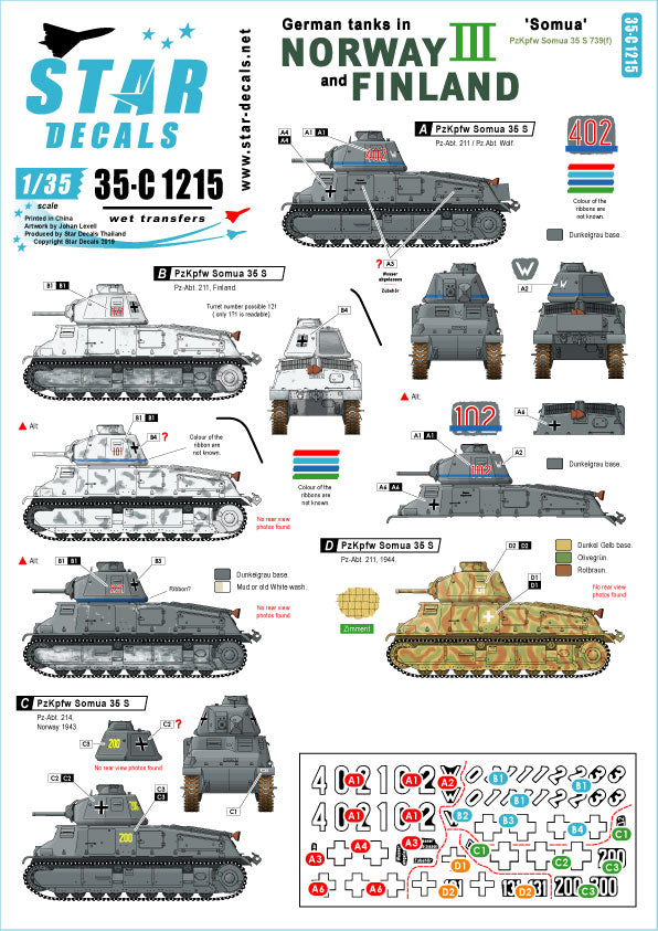 Star Decals 35-C1215 1:35 German Tanks Norway/Finland Beute-Somua