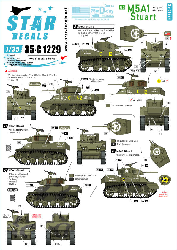 Star Decals 35-C1229 1:35 RE=PRINTED! US M5A1 Stuart