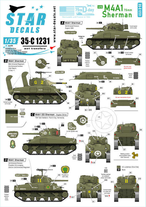 Star Decals 35-C1231 1:35 US M4A1 75mm Sherman