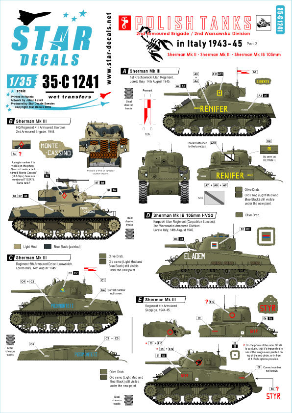 Star Decals 35-C1241 1:35 Polish Tanks in Italy 1943-45 # 2