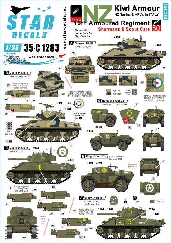 Star Decals 35-C1283 1:35 Kiwi Armour # 3 19th Armoured Regiment in Italy