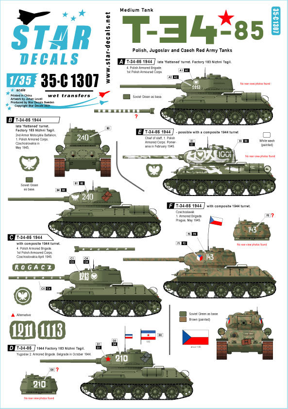 Star Decals 35-C1307 1:35 T-34/85 Medium Tank
