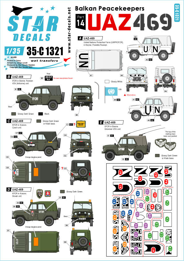 Star Decals Soviet UAZ-469 UN IFOR SFOR KFOR Bosnia Kosovo 1:35