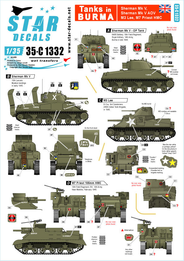 Star Decals 35-C1332 1:35 Tanks in Burma