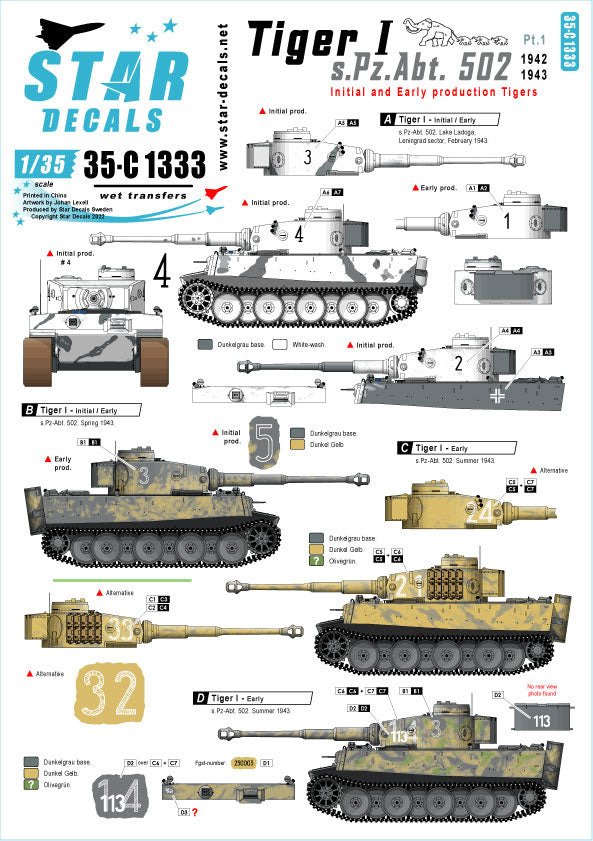Star Decals 35-C1333 1:35 Pz.Kpfw.VI Tiger I sPzAbt 502 # 1