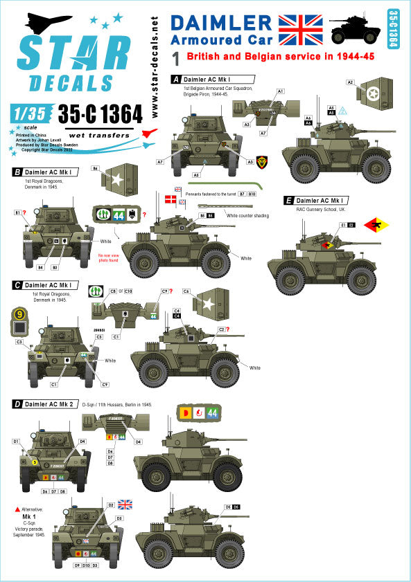 Star Decals 35-C1364 1:35 Daimler Armoured Car WW2 UK/Belgium