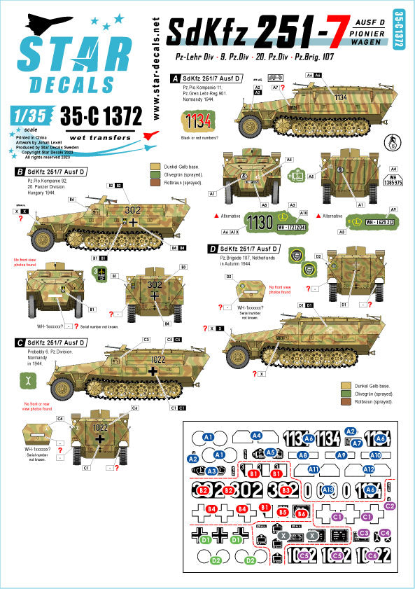 Star Decals 35-C1372 1:35 Sd.Kfz.251/7 Pionierwagen Sd.Kfz.251/7 Ausf.D