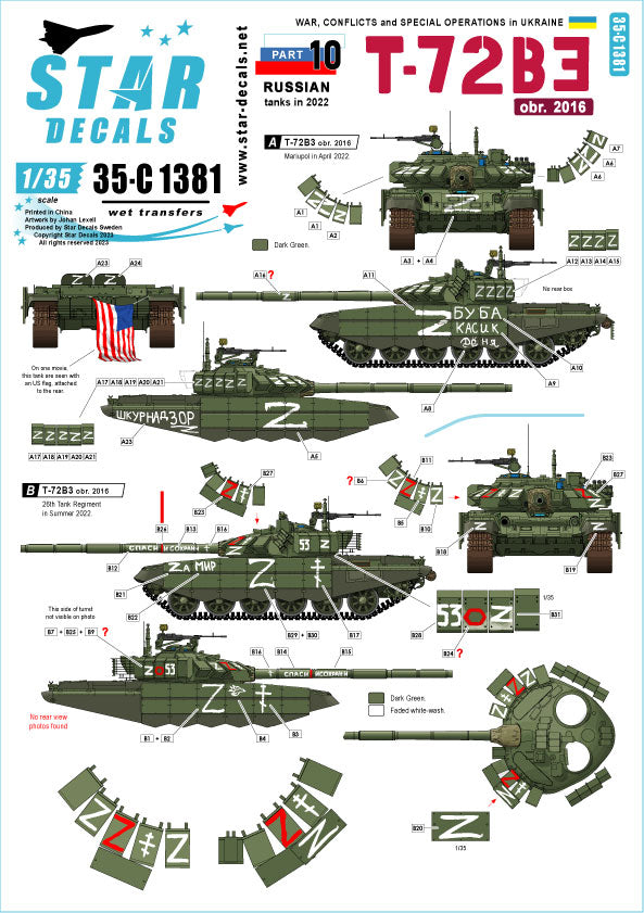 Star Decals 35-C1381 1:35 War in Ukraine # 10 Russian T-72B3