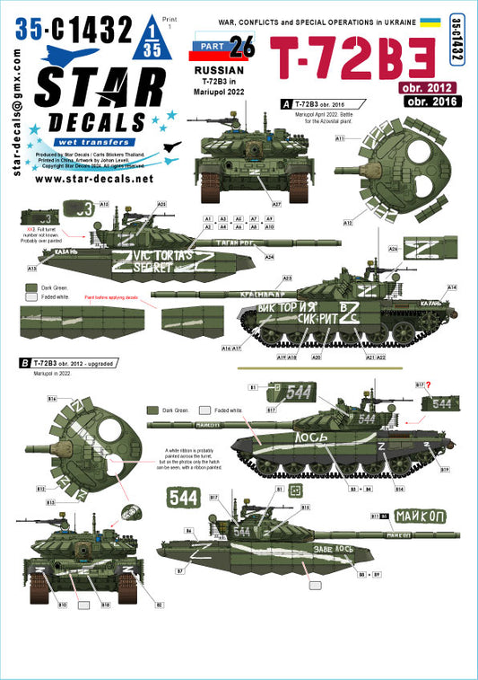 Star Decals 35-C1432 1:35 War in Ukraine # 26 Russian T-72B3 in Mariupol 2022