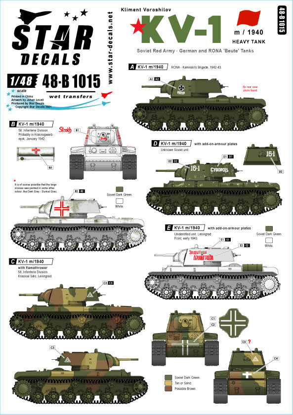 Star Decals 48-B1015 1:48 KV-1 m/1940 Heavy Tank