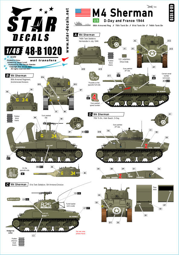 Star Decals 48-B1020 1:48 US M4 Sherman