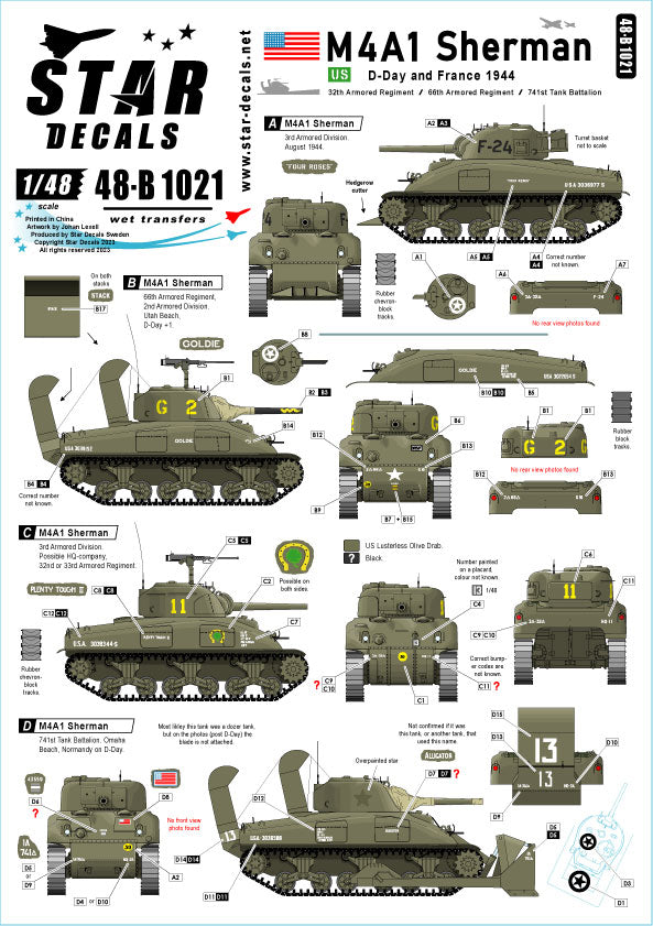 Star Decals 48-B1021 1:48 US M4A1 Sherman