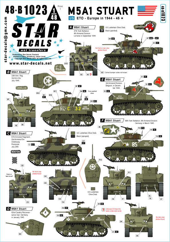 Star Decals 48-B1023 1:48 US M5A1 Stuart