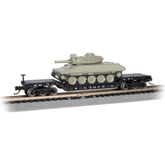 Bachmann USA 52' Center Depressed Flat Car Black With Green Sheridan Tank 71386