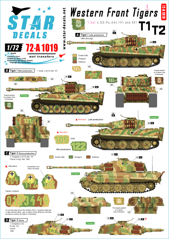 Star Decals 72-A1019 1:72 Western Front Pz.Kpfw.VI Tigers # 1