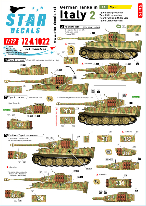 Star Decals 72-A1022 1:72 German tanks in Italy # 2
